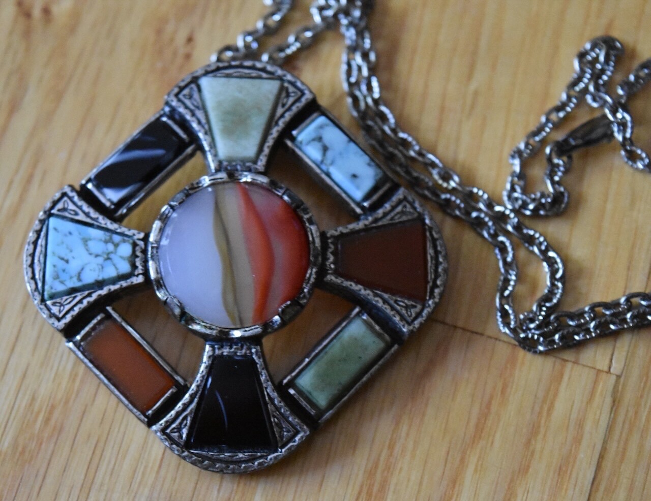 Lot of 2 Miracle Brooch & Celtic Cross Pendant Necklace Pin Faux Agate England
