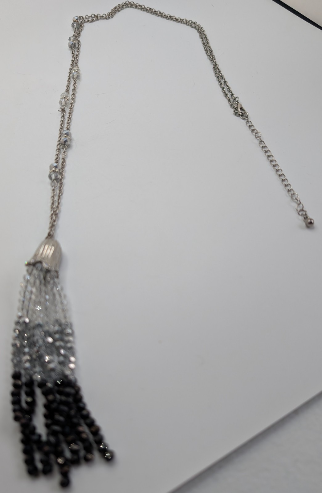 Long Silver Tone Necklace /w Tassel White Grey Black Ombre Beaded