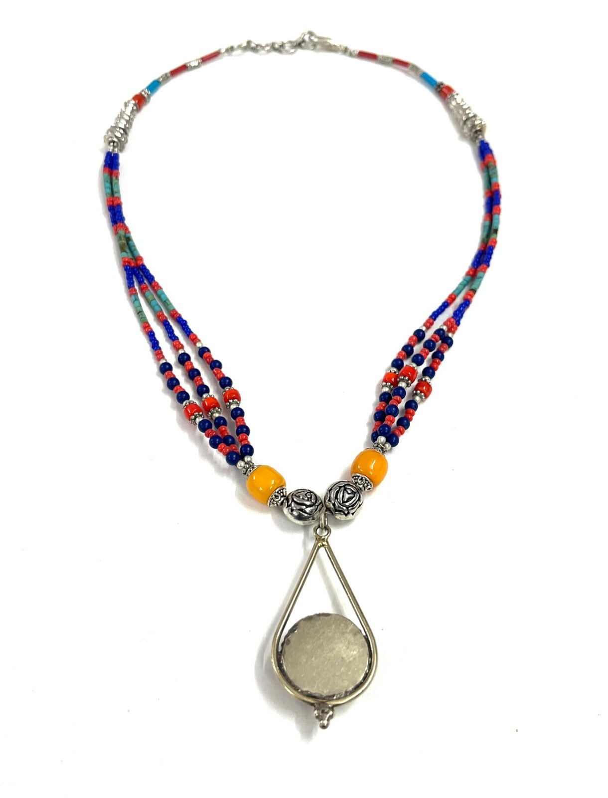 Vintage Lapis LAzuli Red Coral Gemstone Tibetan Necklace Jewelry, 18 Inch Adjust