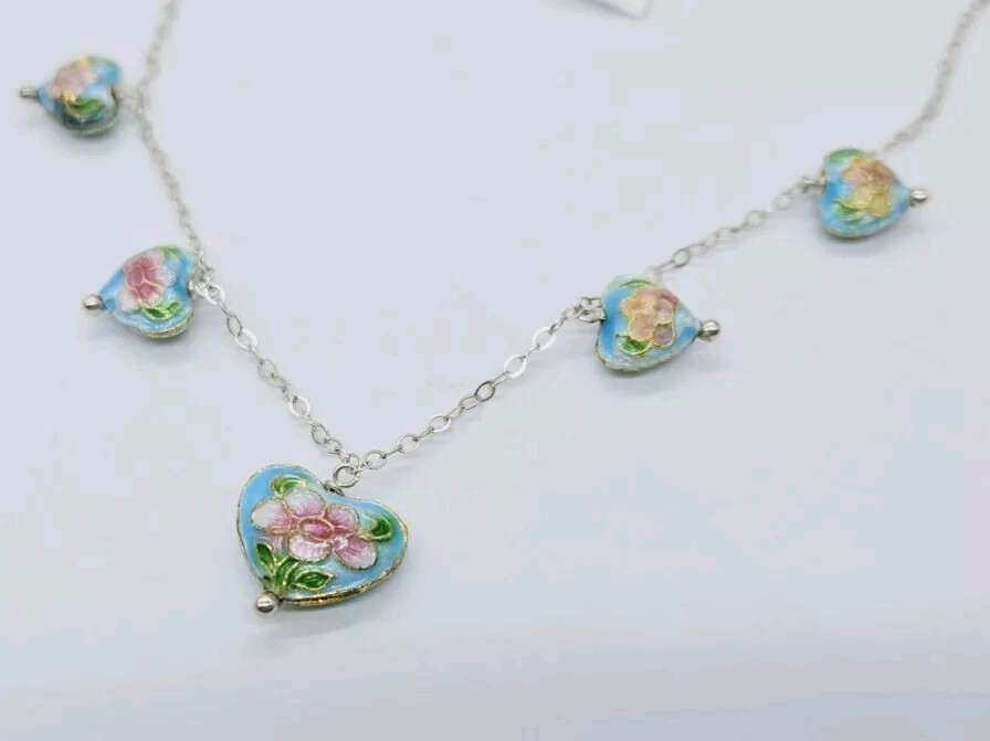 5 Heart Necklace Sterling Silver 925 Enamel Pastel Colors Beautiful 15 in