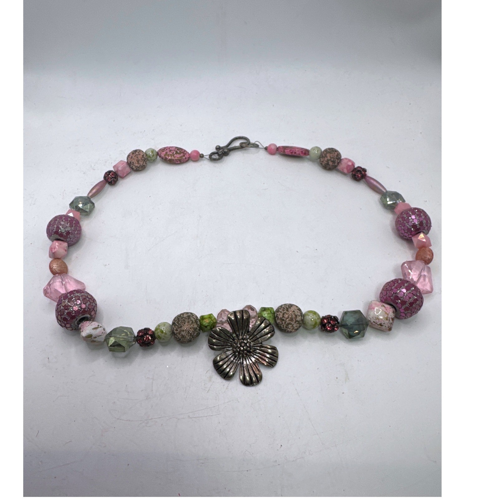Boho Mixed Bead Flower Pendant Necklace Pink Green Glass Ceramic 23 Inch