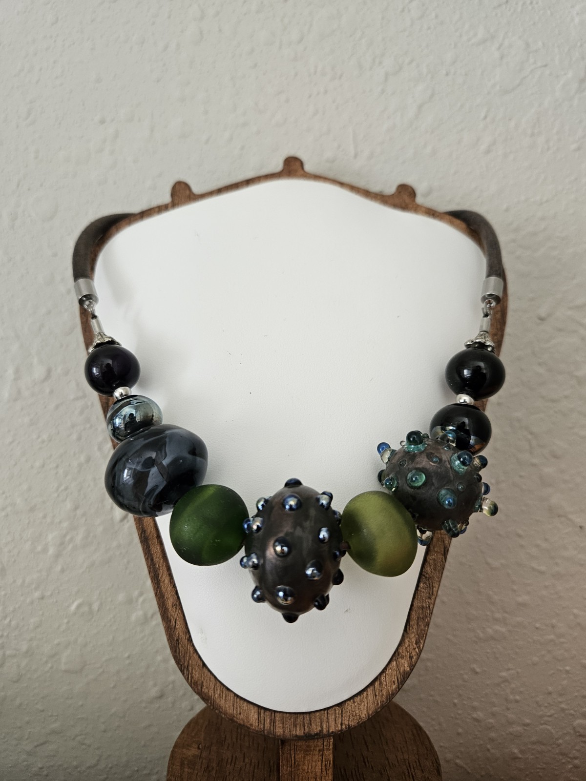 Statement Beaded Necklace Black Green Gray Round Glass Beads Leather Cord