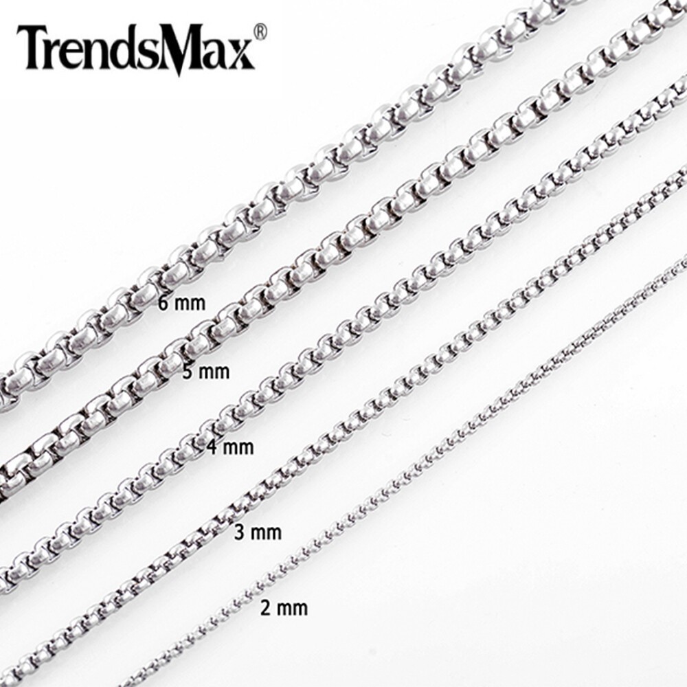 1.5-4mm Silver Tone Stainless Steel Round Box Necklace Men Women Chain 18-28″
