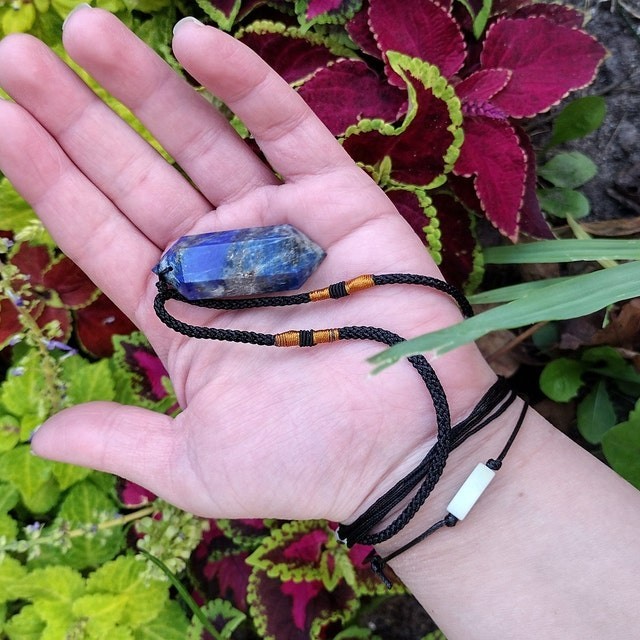 Genuine Lapis Lazuli Blue Crystal Point Pendant Necklace, Adjustable Women Men
