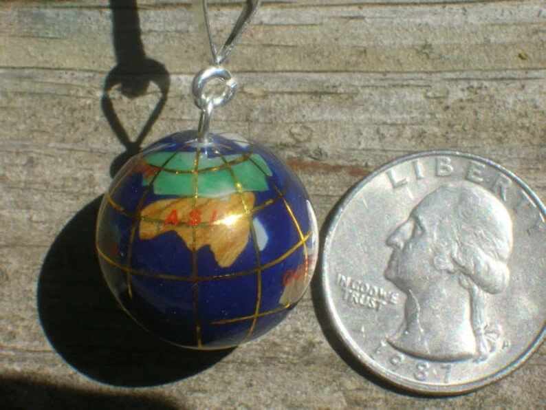 20 mm Sterling Silver Lapis World Globe Gemstone Pendant Charm Necklace