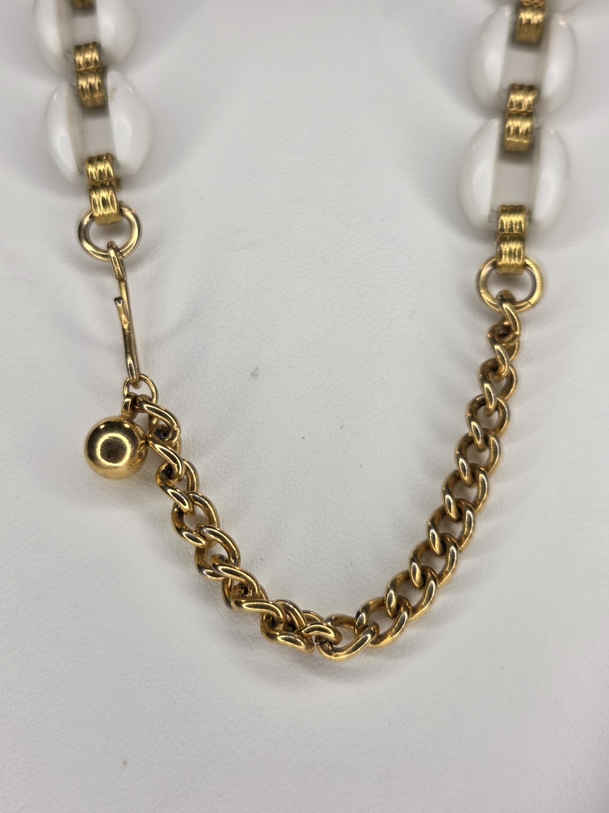 White Acrylic Oval Beaded Necklace, Gold Tone Spacers, Cable Chain, Adjustable