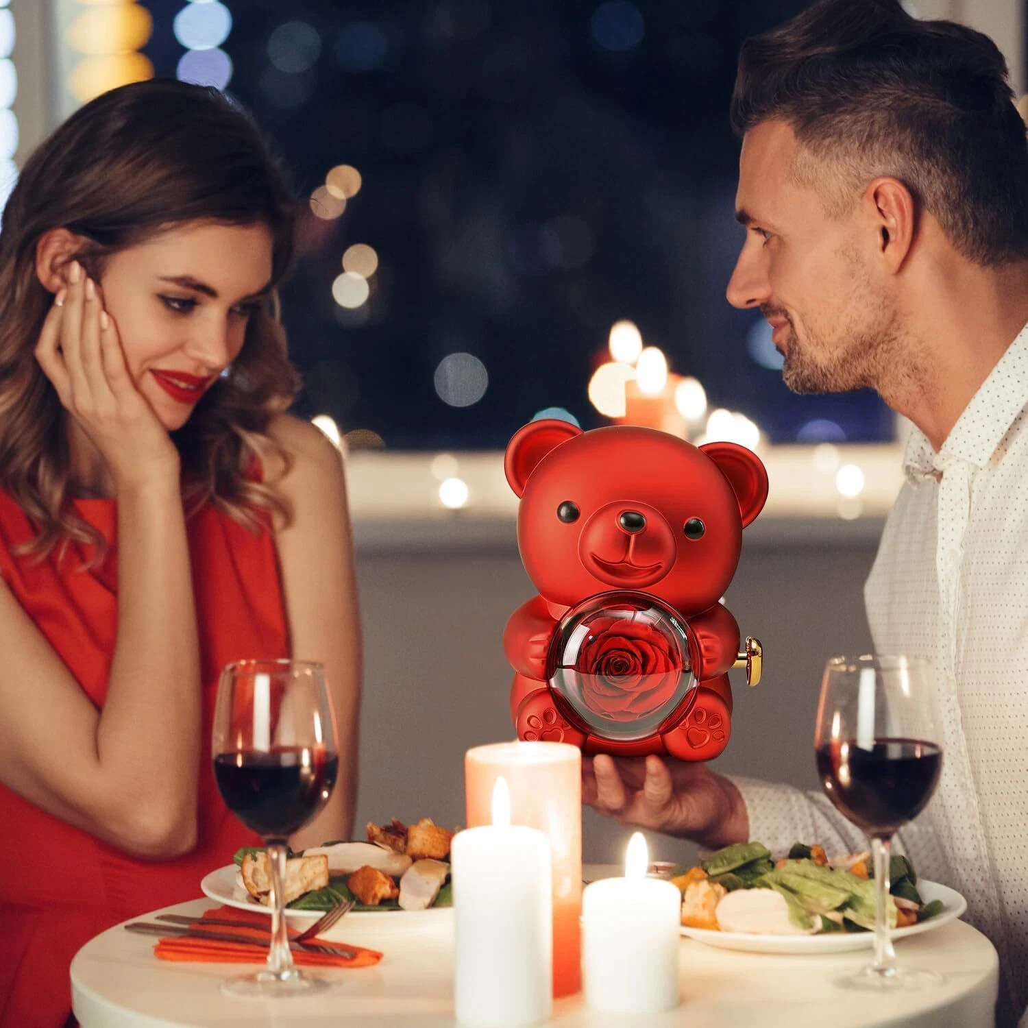 Romantic Hug Teddy Bear with Necklace, Preserved Red Rose, Gift Box for Women