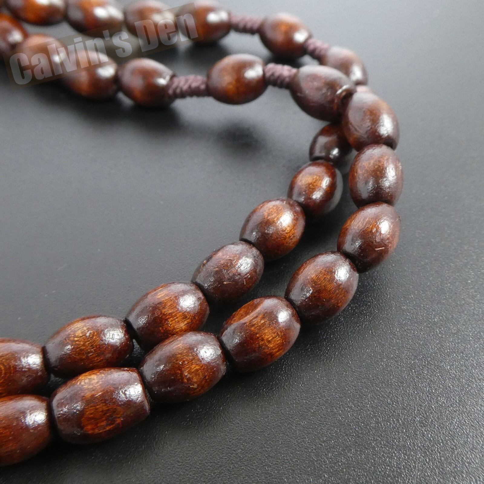 Coffee Brown Oval Wood Bead Antique Brass Crucifix Rosary Necklace Five Decade
