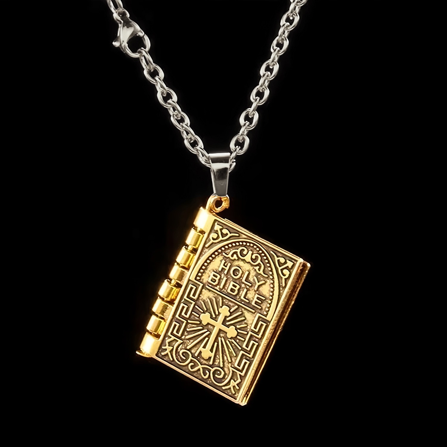 Bible Book Pendant Necklace Vintage Gold Cross Unique Jewelry For Men Women US