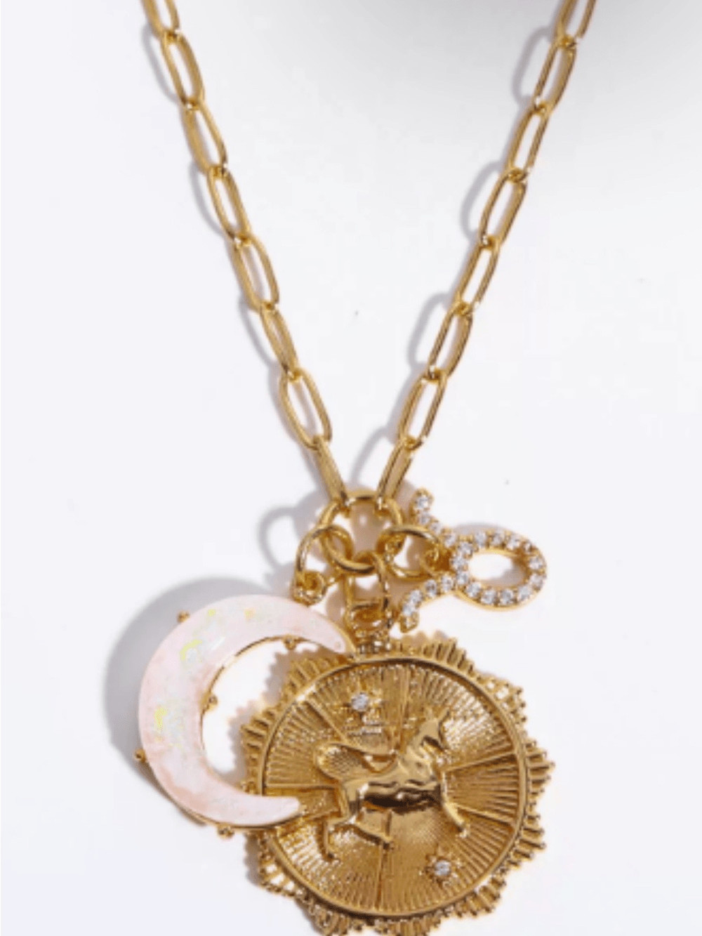 Gold Charm Taurus Pendant Necklace with Pink Crescent and CZ Accents by Mayamar