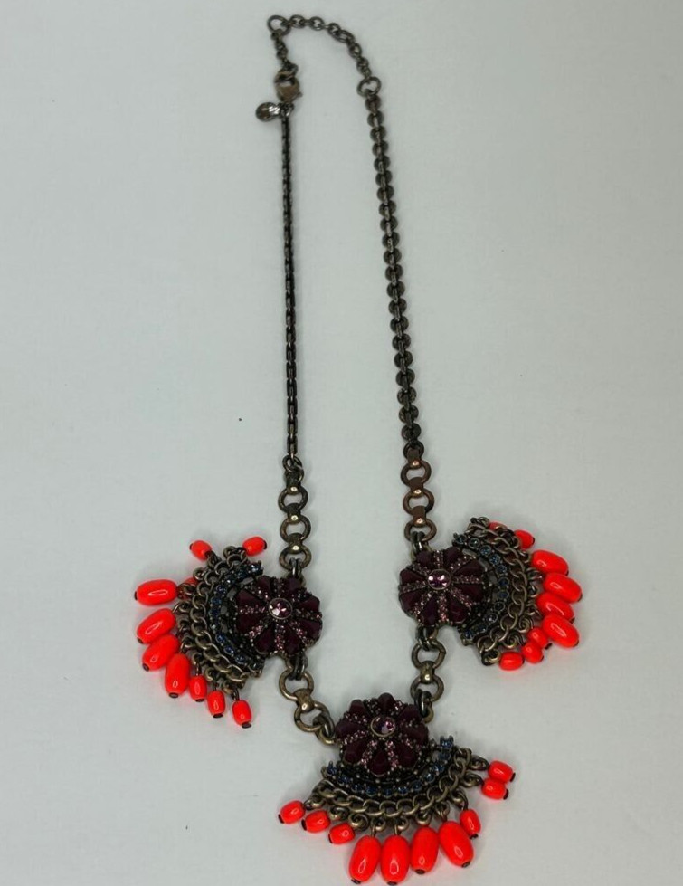 J Crew Necklace 18in +3 Brass Tone Neon Orange Bead Purple Crystals READ Flaw