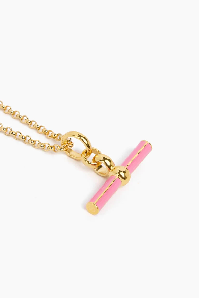Rolo Chain T Bar Pendant Necklace Brass Metal with baby pink enamel necklace