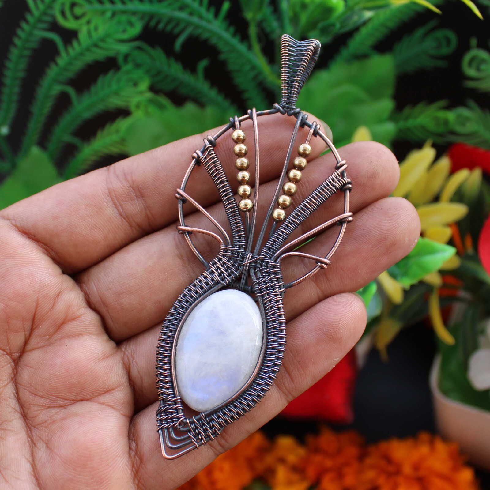 Rainbow Moonstone Pendant Copper Wire Wrapped Pendant Gemstone Wire Wrap Jewelry