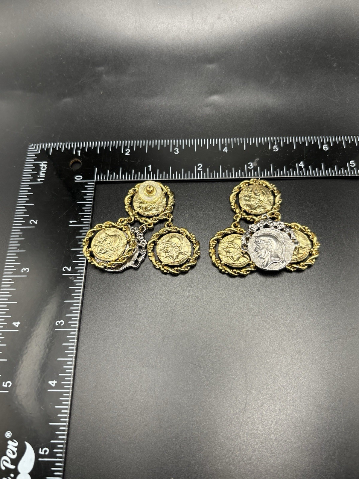 coin charm necklace Earrings Set Layered Two Tone Roman Greek Soldier Medallion