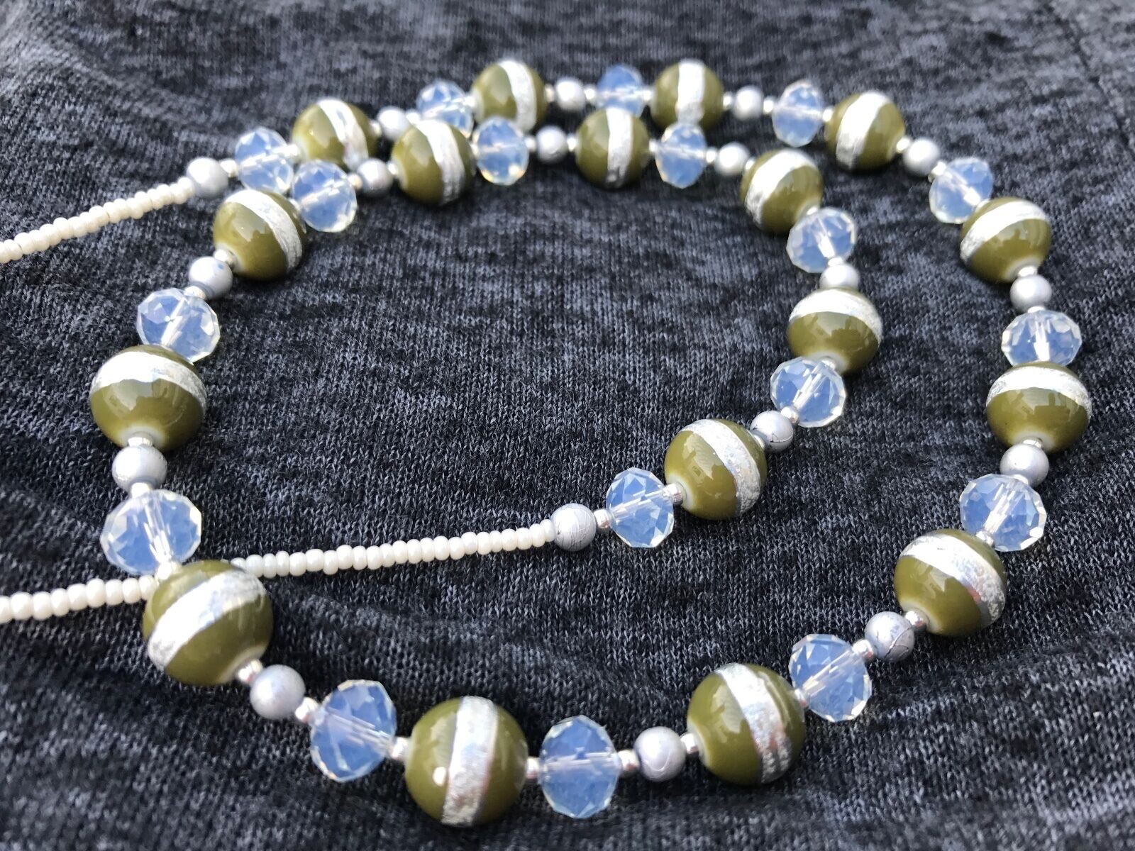 Handmade Necklace of Round Olive Green and Silver Glass Beads with Clear Glass