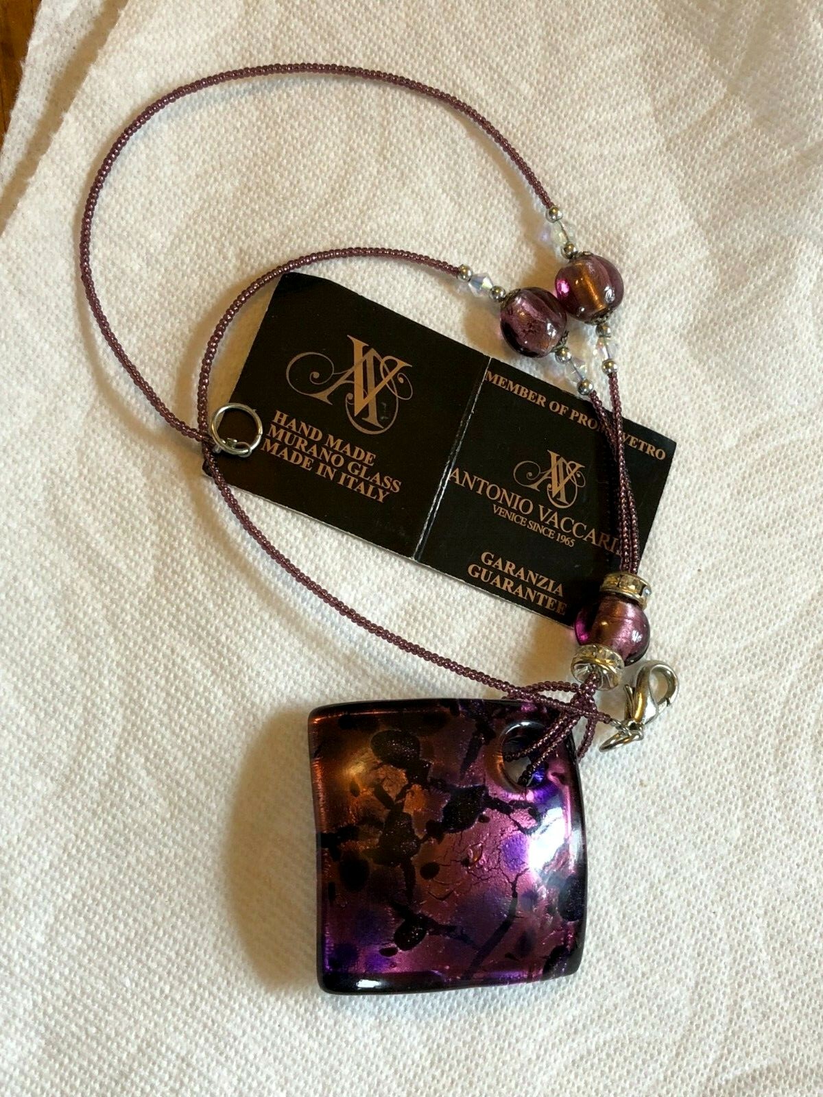 VACCARI ANTONIO PURPLE MURANO GLASS PENDANT & BEAD NECKLACE ORIG.BOX & TAG