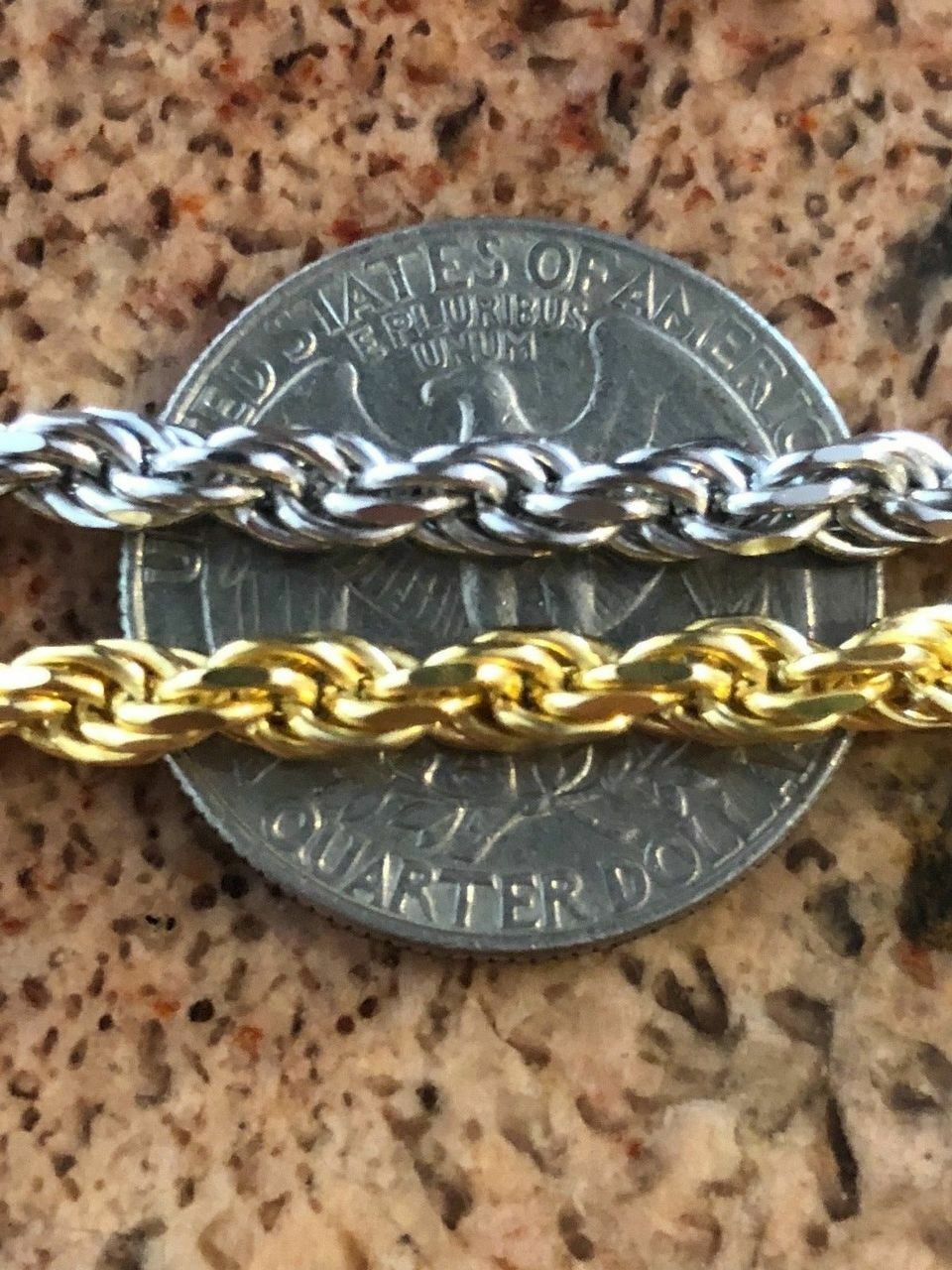 Men’s Solid 925 Sterling Silver / 14k Gold Plated Rope Chain Heavy 4mm ITALY