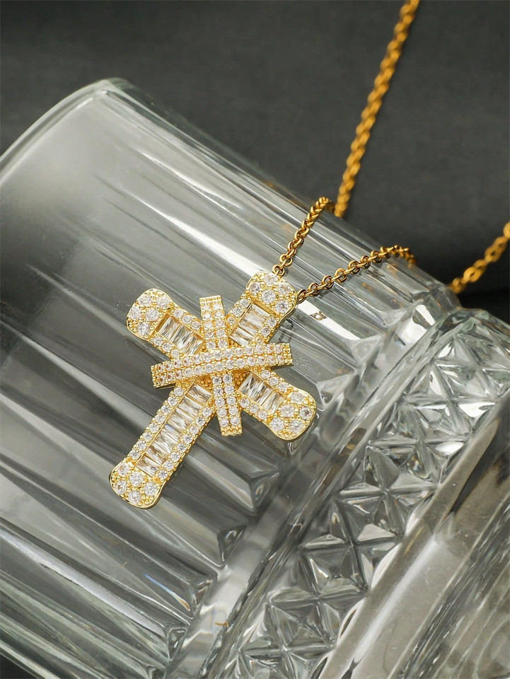 Iced Out Cross Necklace CZ Pendant Bling Hip Hop Chain Zircon Jewelry Women Men