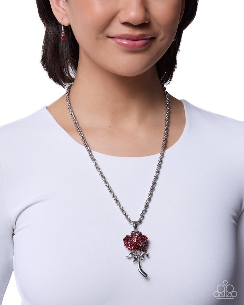 Paparazzi Beauty and the BLING – Red – Red Rhinestones – Silver Rose -Necklace &