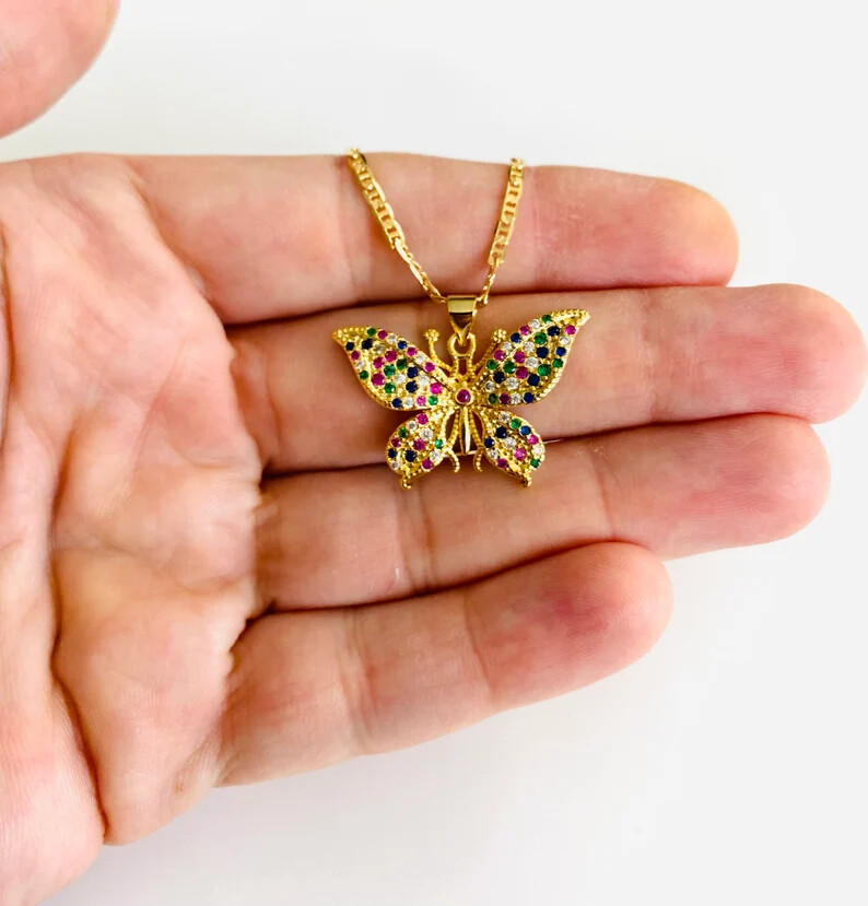 18K Gold Filled Butterfly 20 in Necklace, Multicolor Cz Butterfly Pendant- P143