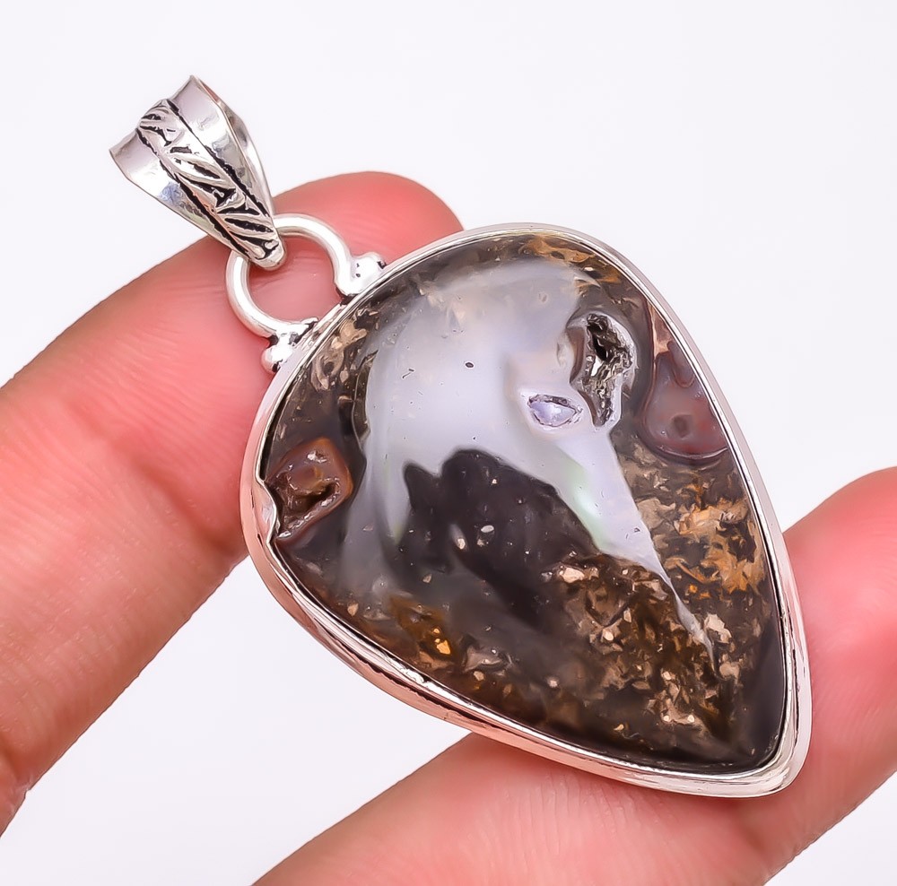 Natural Boulder Opal Gemstone 925 Silver Plated Jewelry Pendant 2.2″ W3136