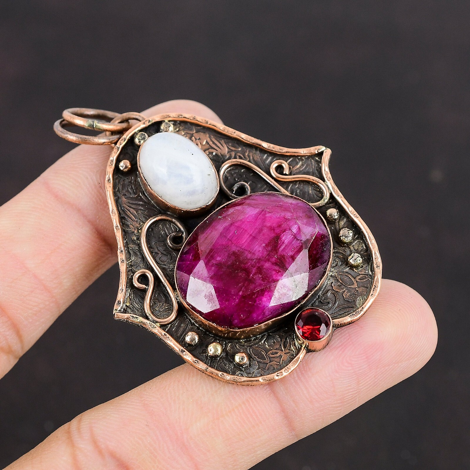 Mothers day Deal Copper Kashmir Rubi Gemstone Rainbow Moonstone Pendant Jewelry