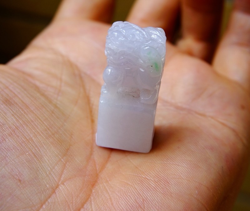 Certified Natural Grade A White Green Jade Jadeite Seal w Pixiu 684