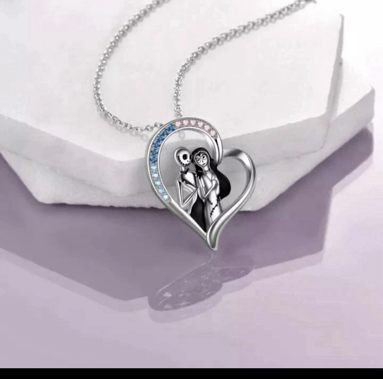 NIGHTMARE BEFORE CHRISTMAS HALLOWEEN JACK AND SALLY HEART RHINESTONE NECKLACE.