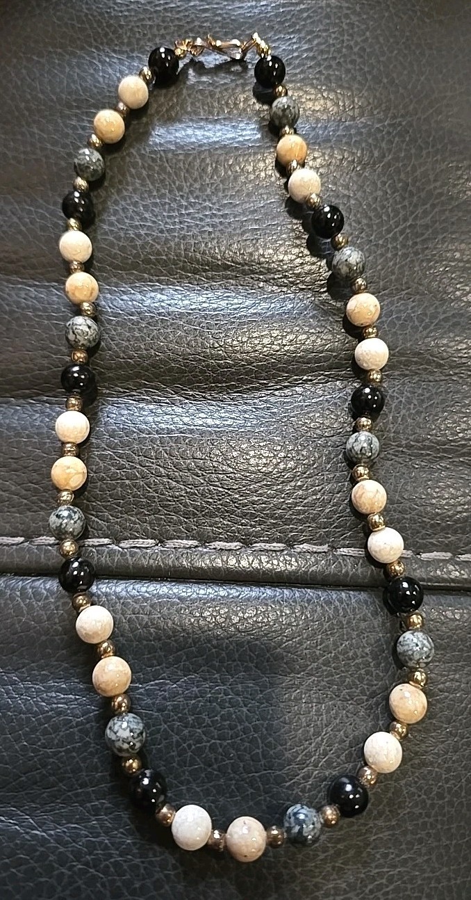 Vintage Beaded Necklace Black, Grey And Cream Beads Gold Tone S Clasp