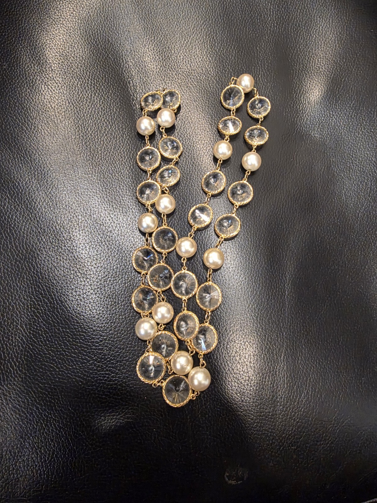 French Fancy Bezel Set Double Point Crystal & Glass Pearl Rope Necklace 32″ L