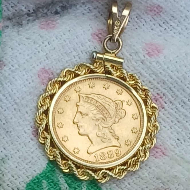 10K Yellow Gold Neckless & 99.9 Gold 1889 Liberty Head $2.50 Eagle Coin Pendant,