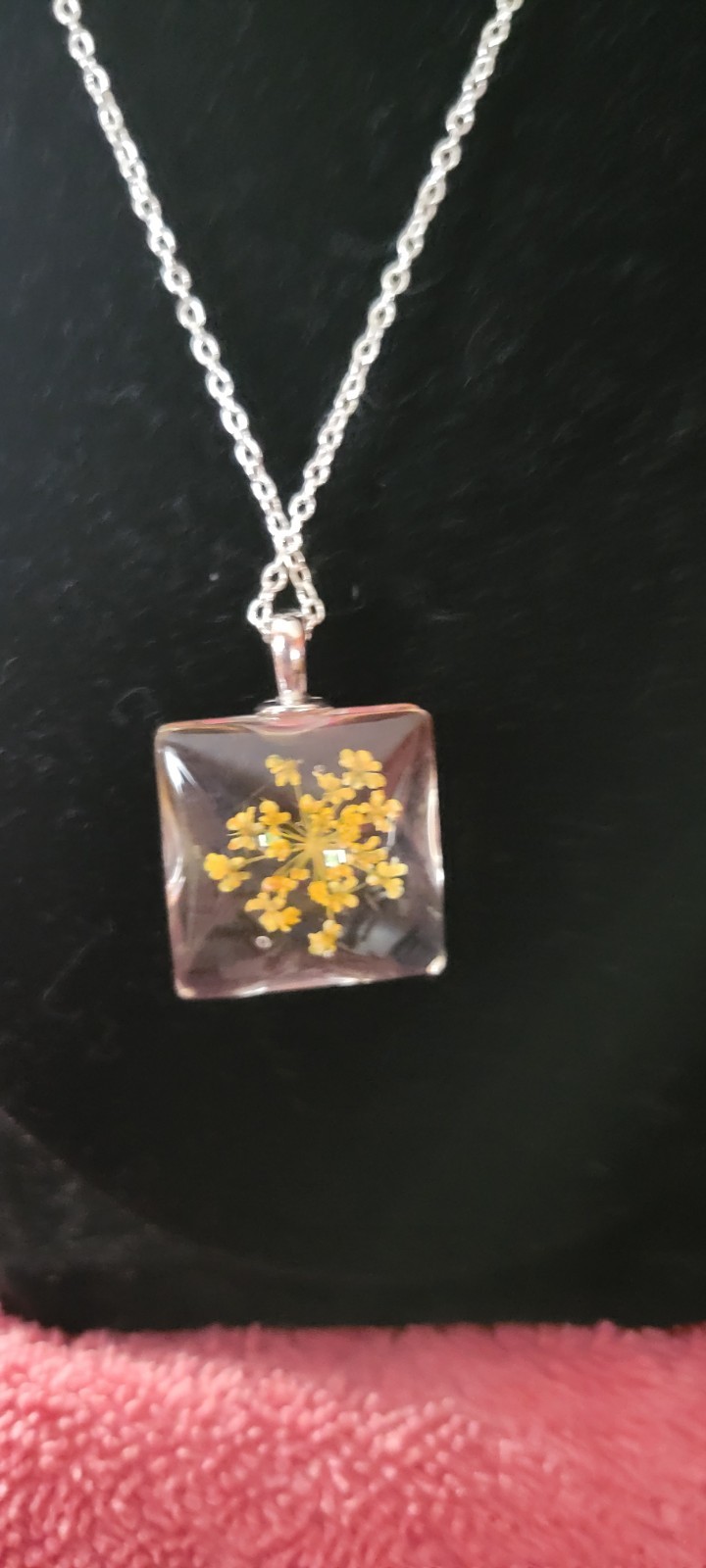 Square Clear Glass Yellow Flower Pendant Necklace 16 Inch, 925 Chain