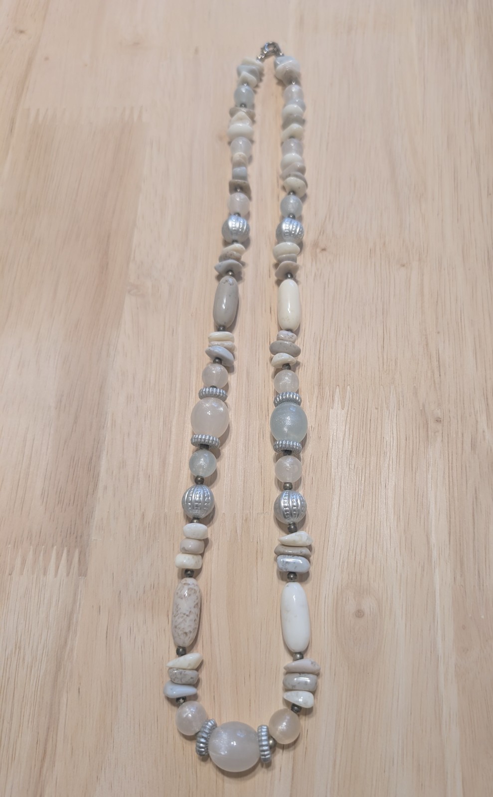 White Neutral Stone and Silver-Tone Beaded Summer Beach Strand Necklace