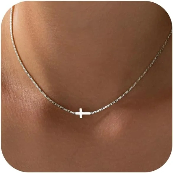 Cross Necklace for Women Trendy 925 Sterling Silver Plated Dainty Small Sideways