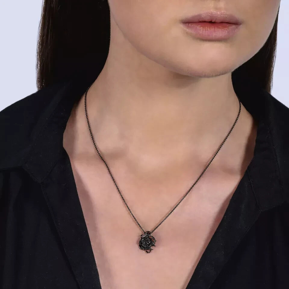Black Simulated Diamond 925 Silver Women 18mm Rose Pendant Necklace
