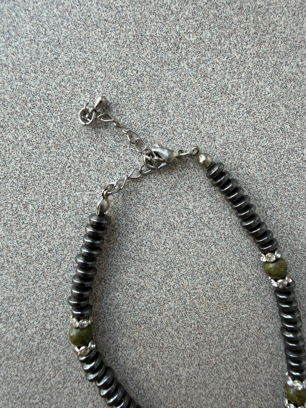 Unakite Heart Pendant Necklace Hematite Beads Boho Statement Silver Tone 18-20”