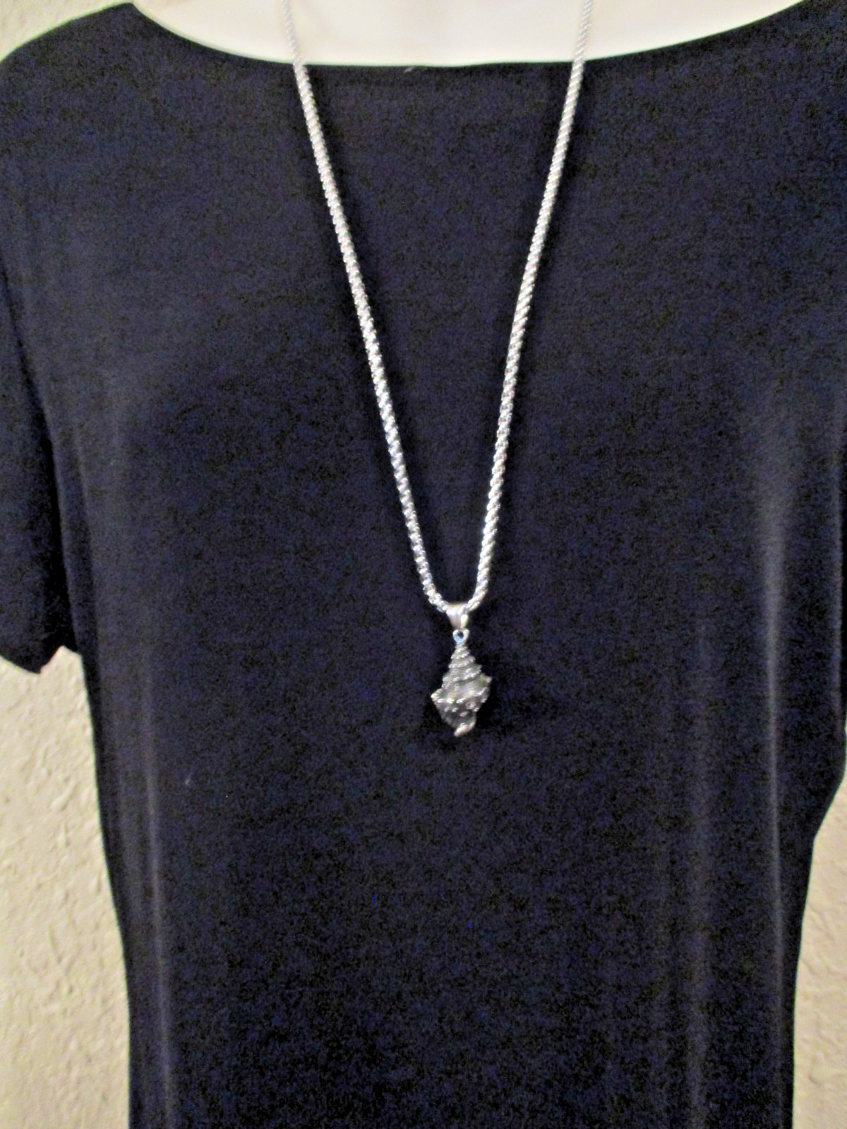 NOS STEEL BY DESIGN Conch Shell Pendant+2 Steel Chains (25″Silver +18″Black)