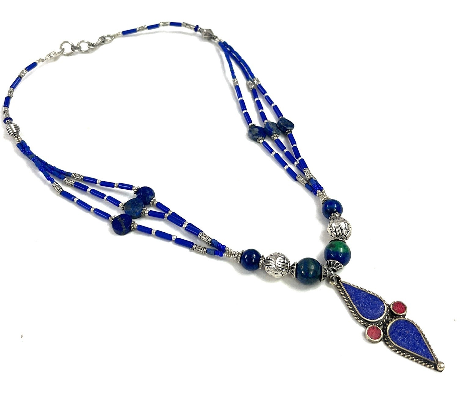 Antique Lapis Lazuli Gemstone Tibetan Bohemian Necklace Jewelry, 17 inch Adju