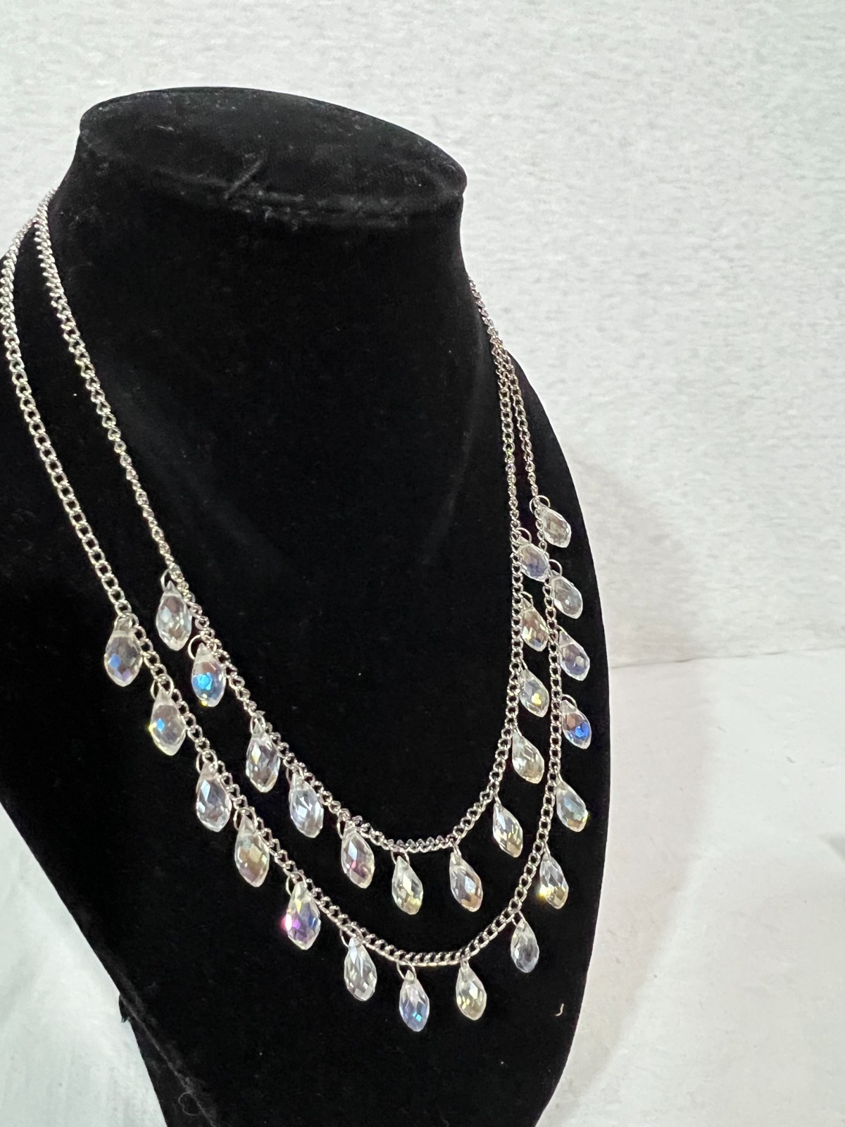 Swarovski Neckless Two Tier Colorless Crystal Beads Tear Drop Silver Chain 9″