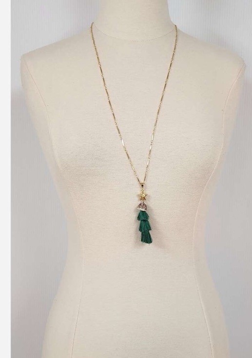 Gold-Tone Bar Link Chain Necklace Star Charm Green Tassel Pendant Lobster