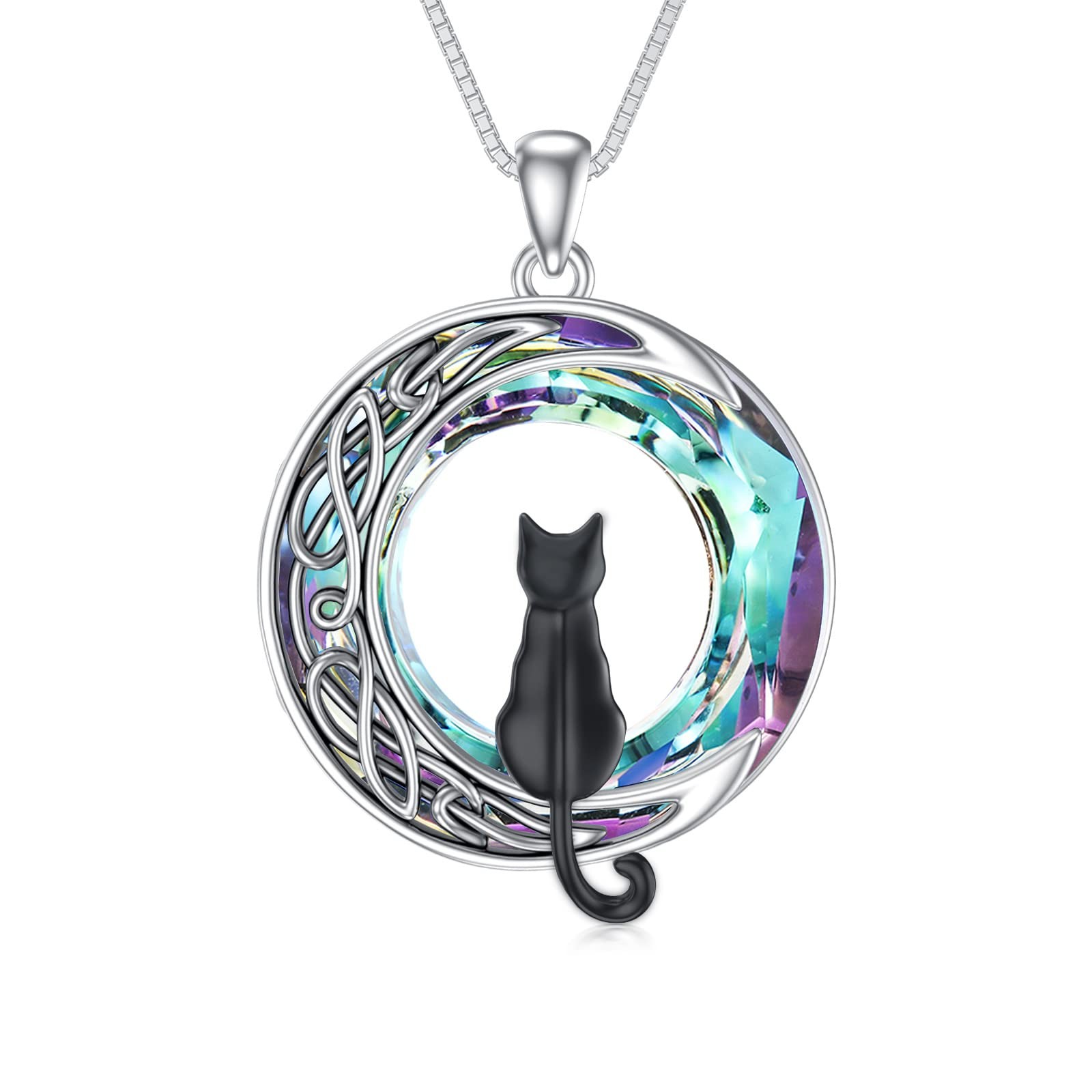 Black Cat Necklace 925 Sterling Silver Black Cat on the Moon Necklace