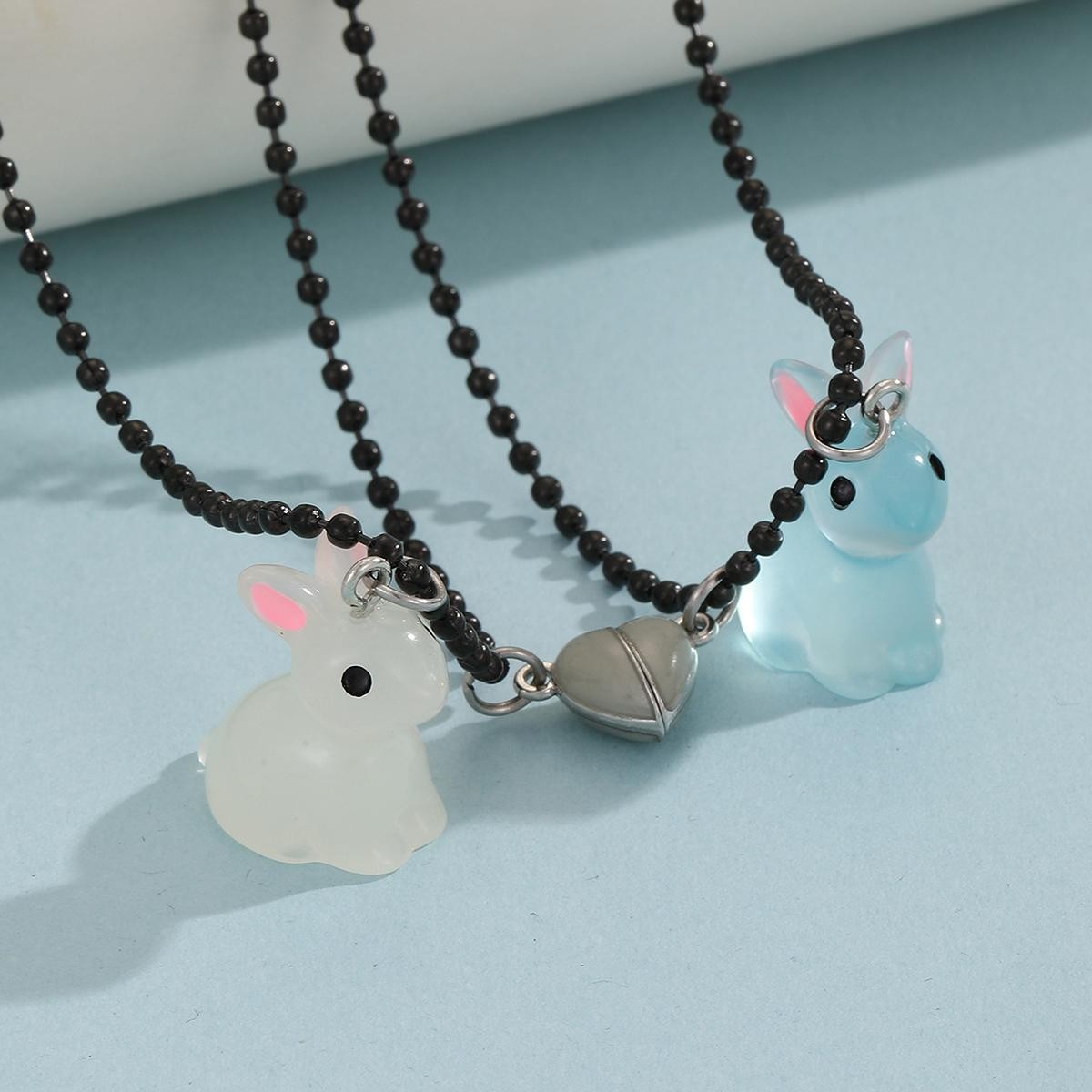 Glow Heart Rabbit Couple Necklace Blue White Pendant Black Bead Chain Gift