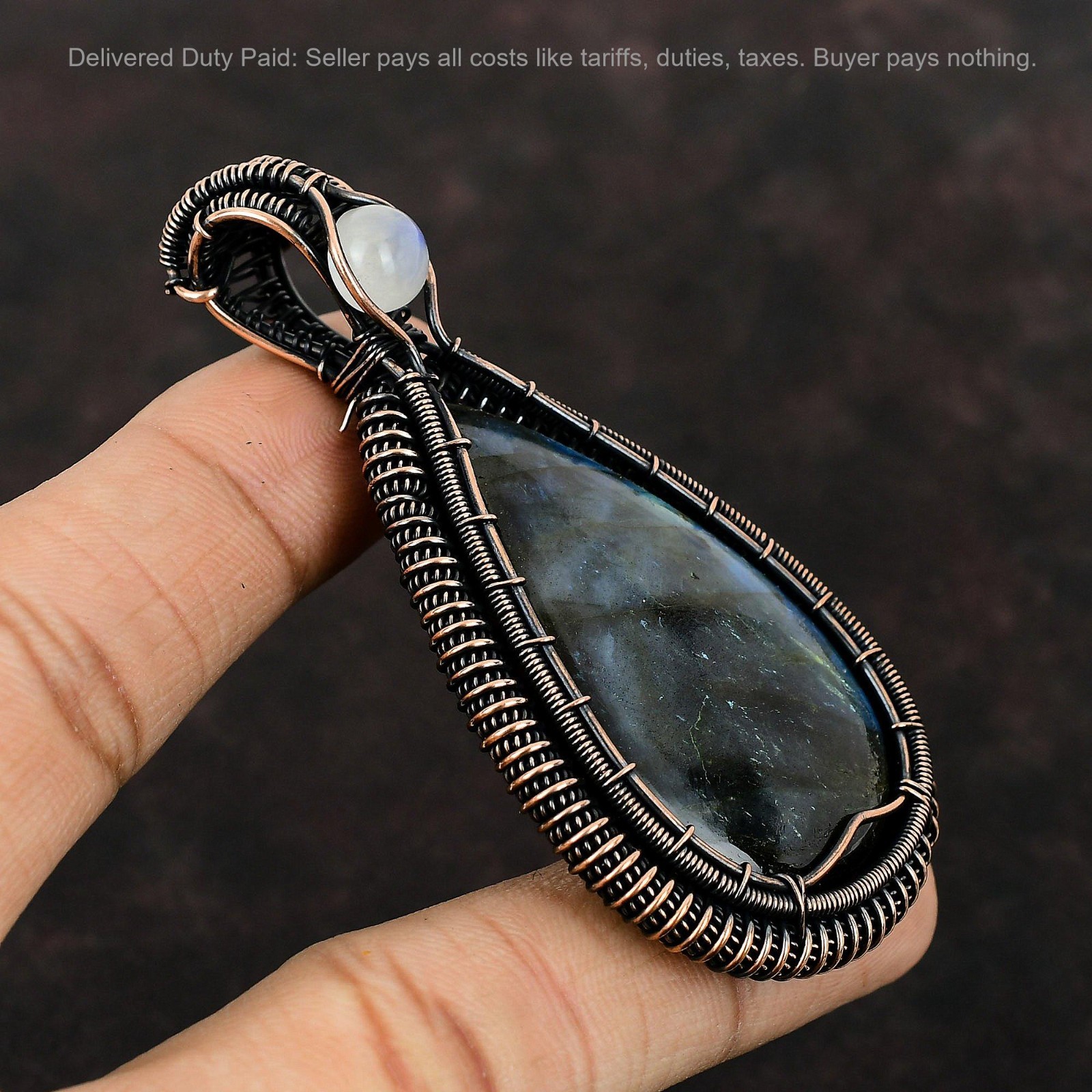Copper Labradorite Stone Rainbow Moonstone Daughter Wedding Wire Wrapped Pendant