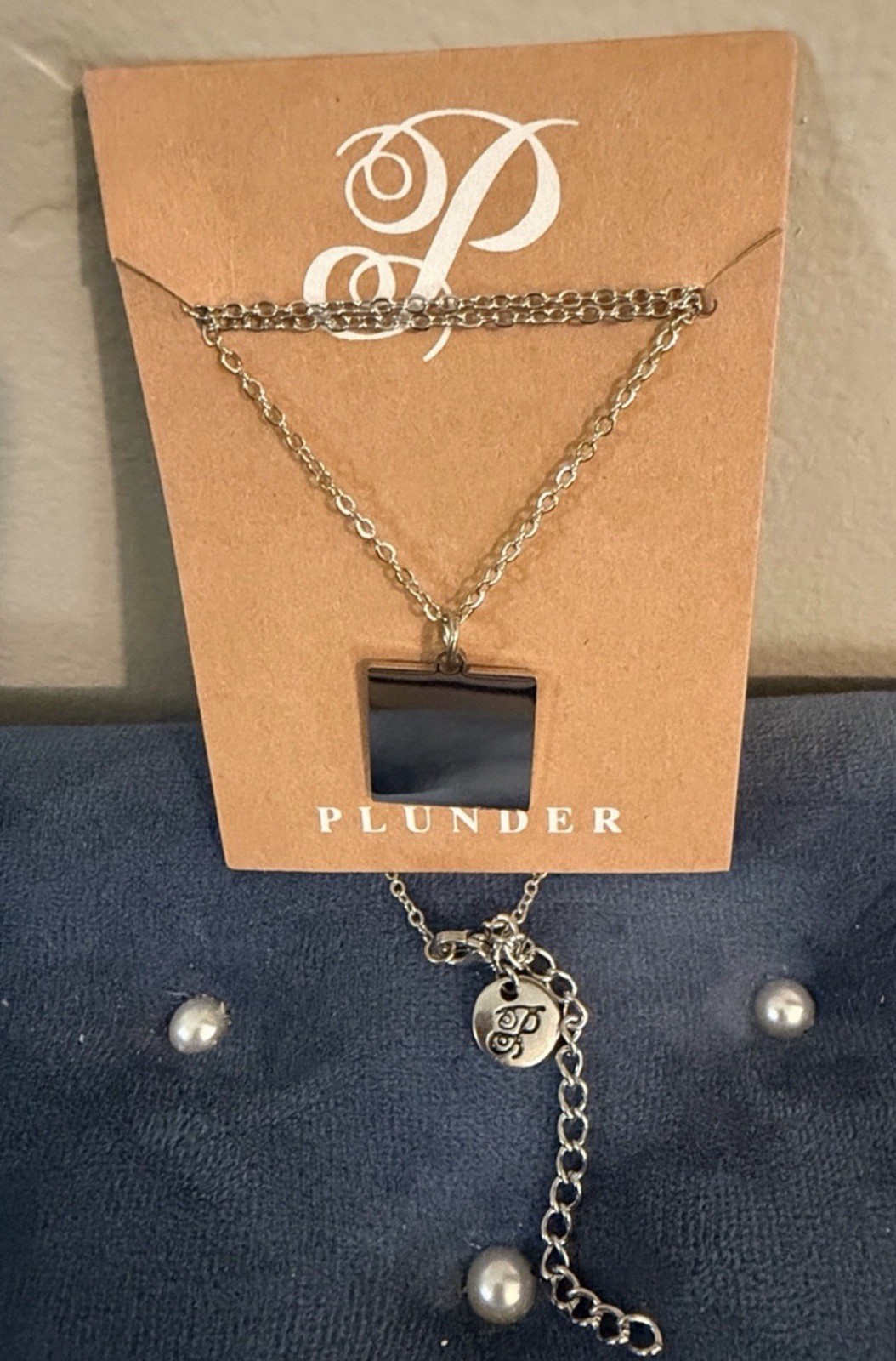 Plunder Silver-Tone Square Pendant Necklace Engraved Adjustable 18-21 in NEW