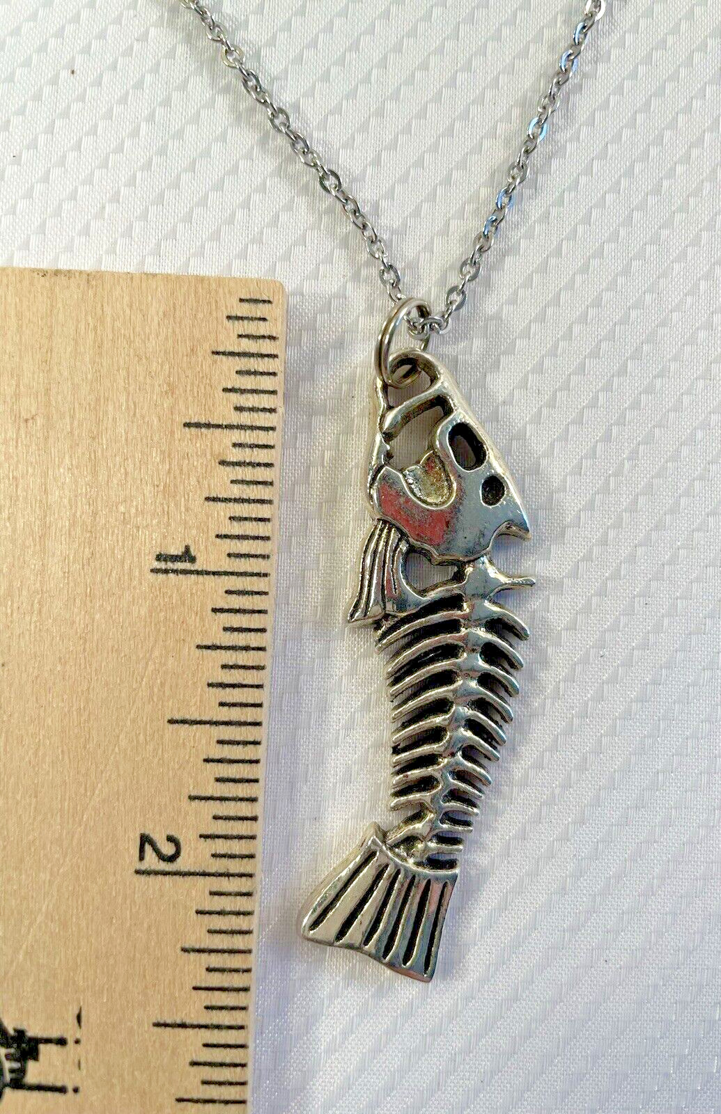 Fish Bone Silver Pendant Necklace 20” Stainless Chain Coastal Sea Jewelry NEW