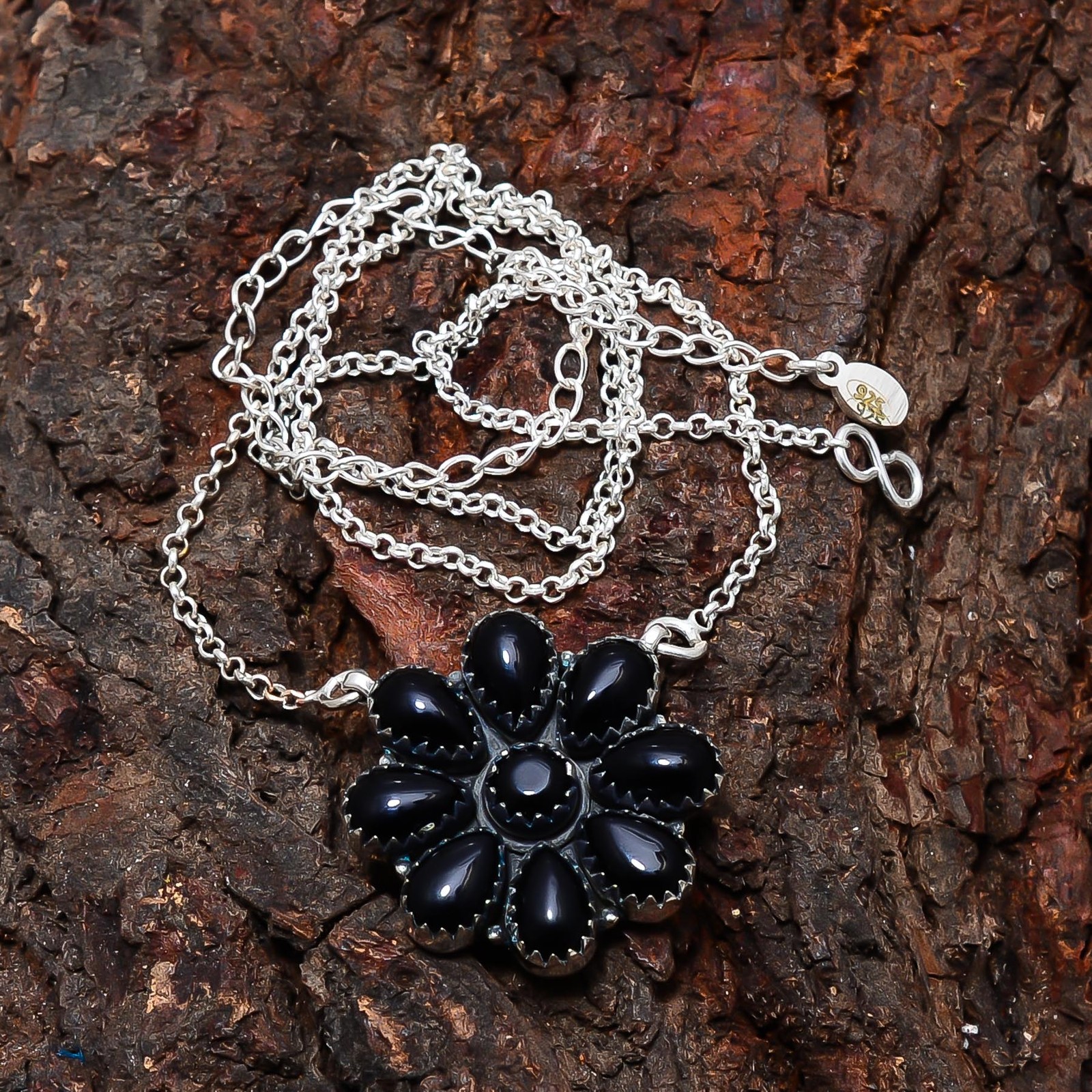 Black Onyx – Brazil 925 Sterling Silver Cluster Flower Necklace 19-23″ CP9571246