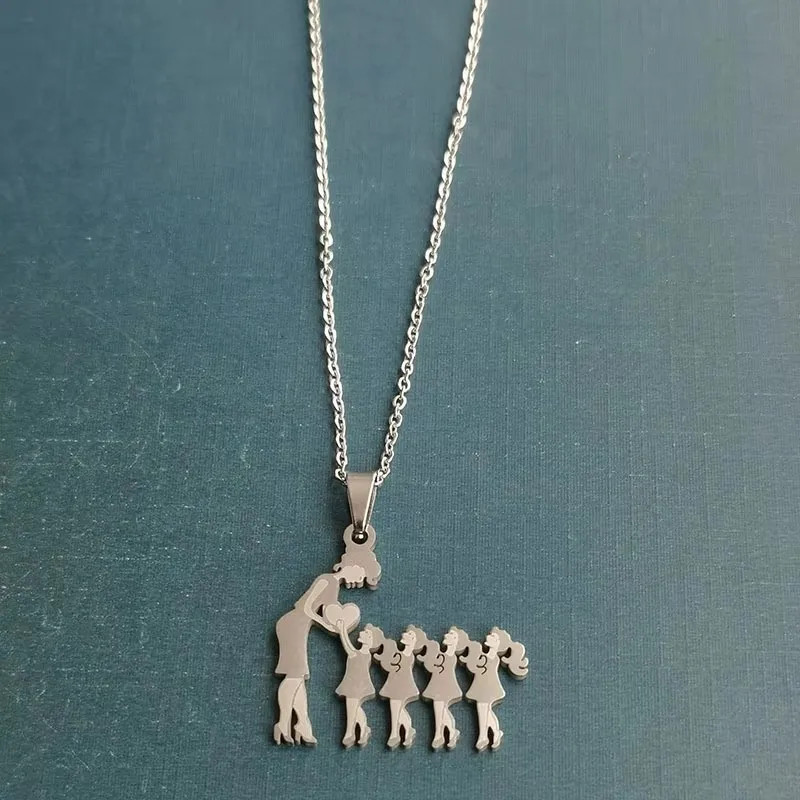 Mother Child Heart Necklace Stainless Steel Family Figure Pendant Jewelry