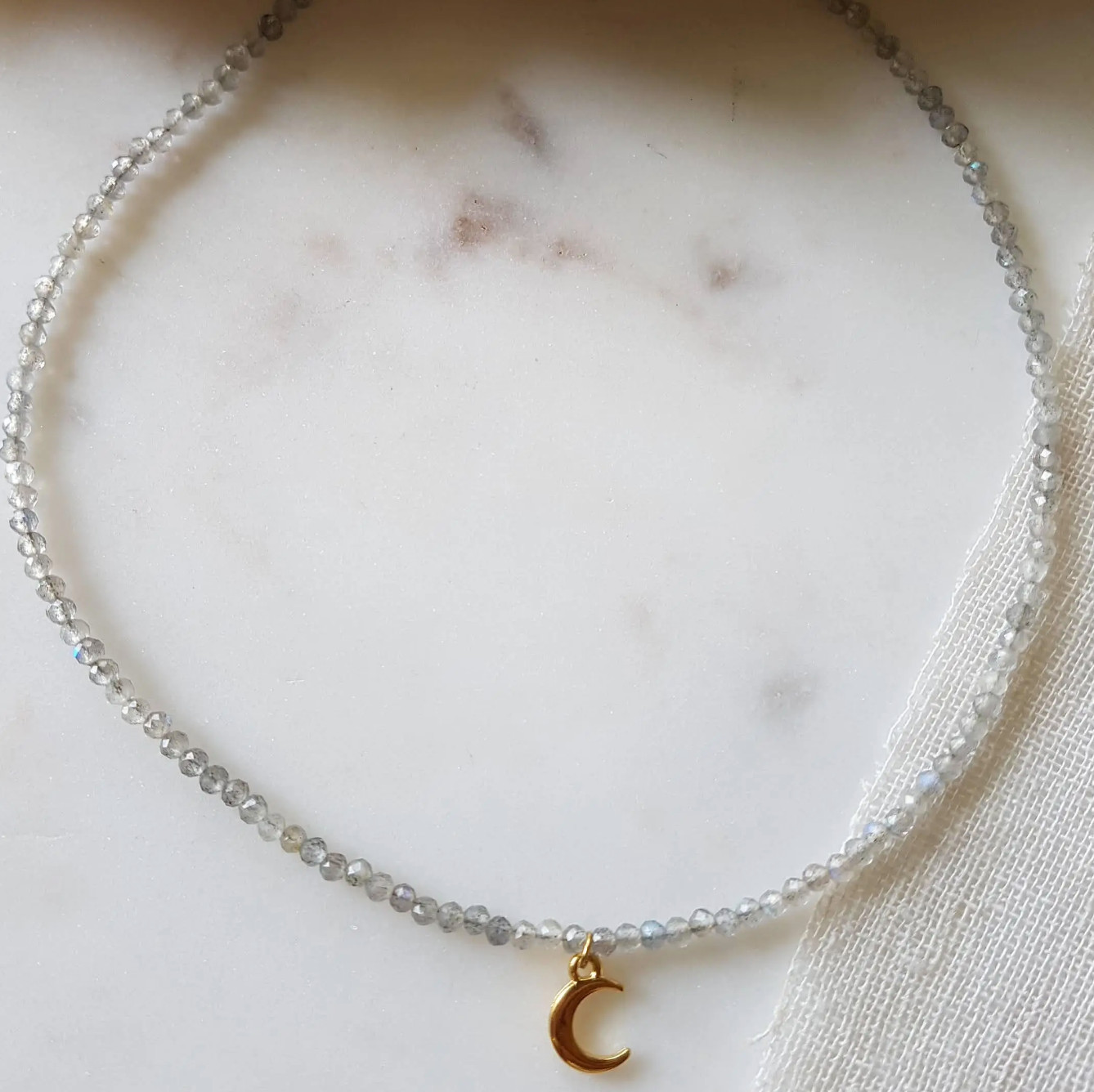 Beaded Labradorite Choker Necklace Moon Pendant 18k Gold Plated Artisan Handmade