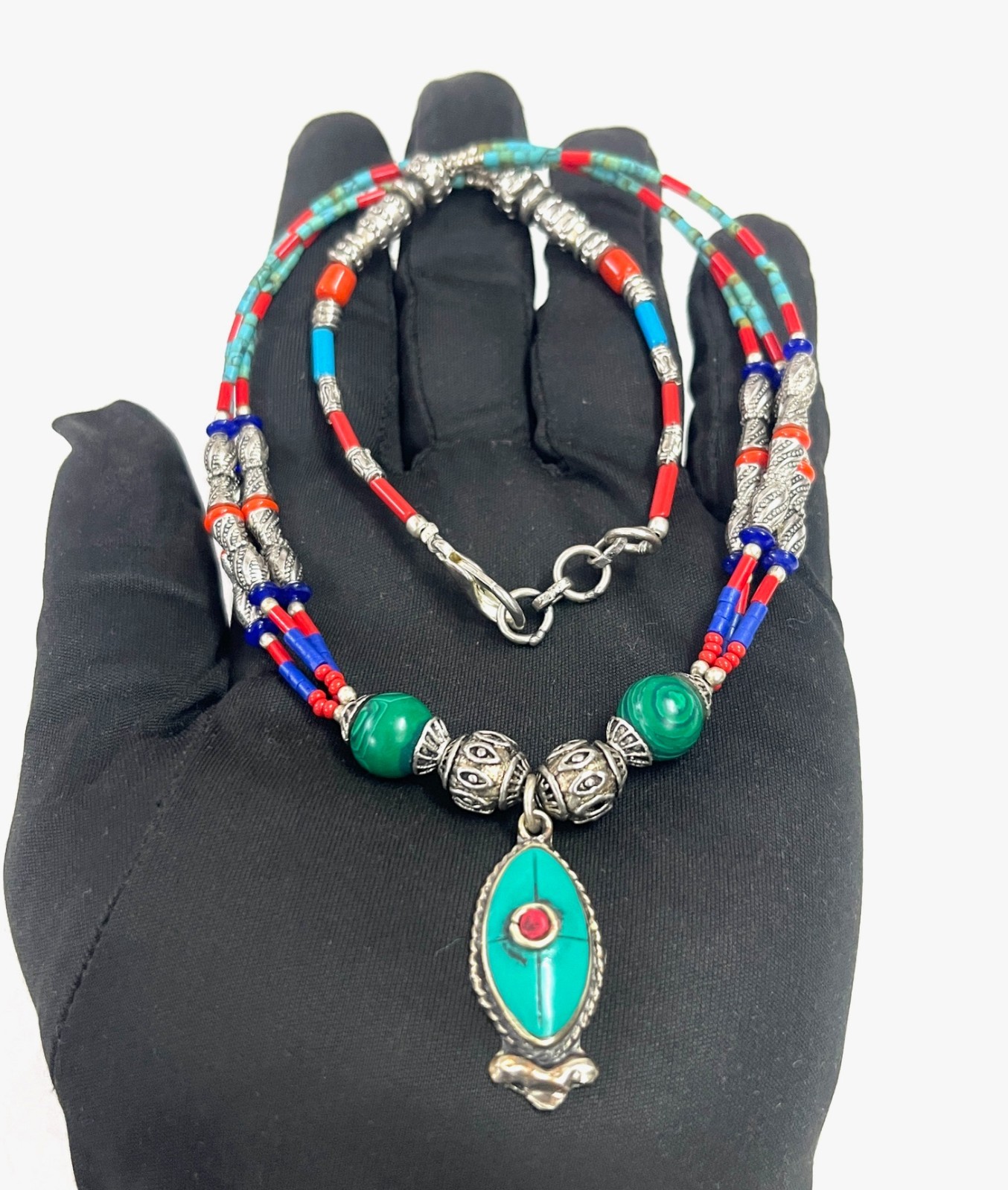 Ethnic Turquoise Coral Gemstone Tibetan Bohemian Necklace Jewelry, 16 Inch Adjs