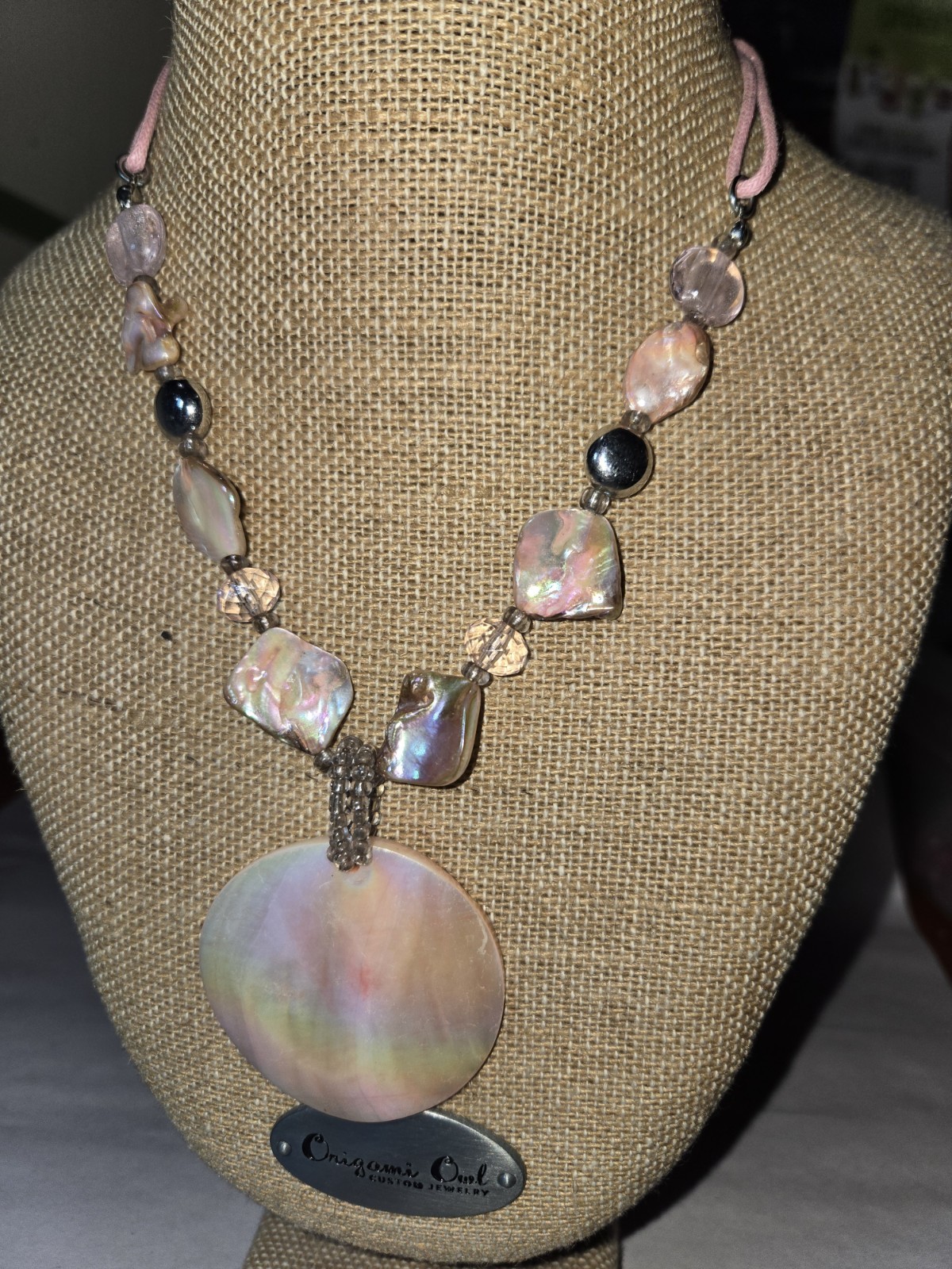 Origami Owl pastel mother-of-pearl shell pendant necklace And Pink Cords